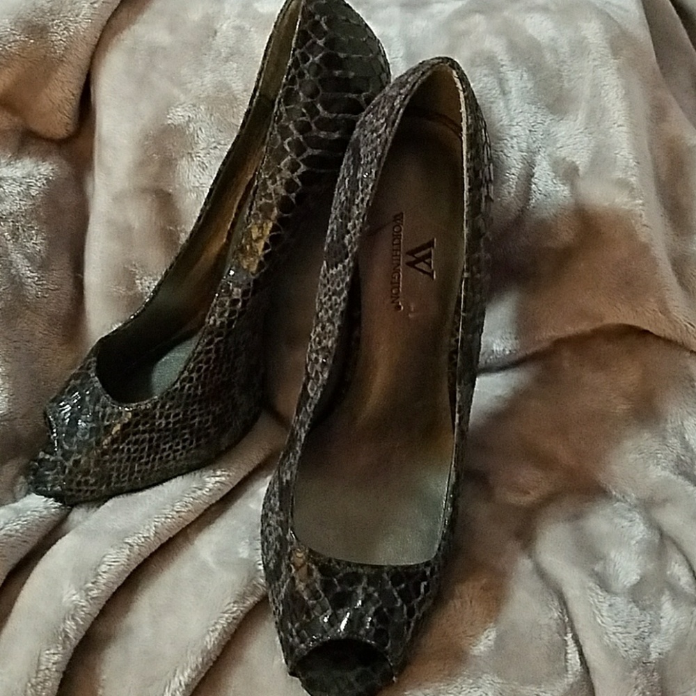 Gray "Snakeskin" Peep-Toe Heels